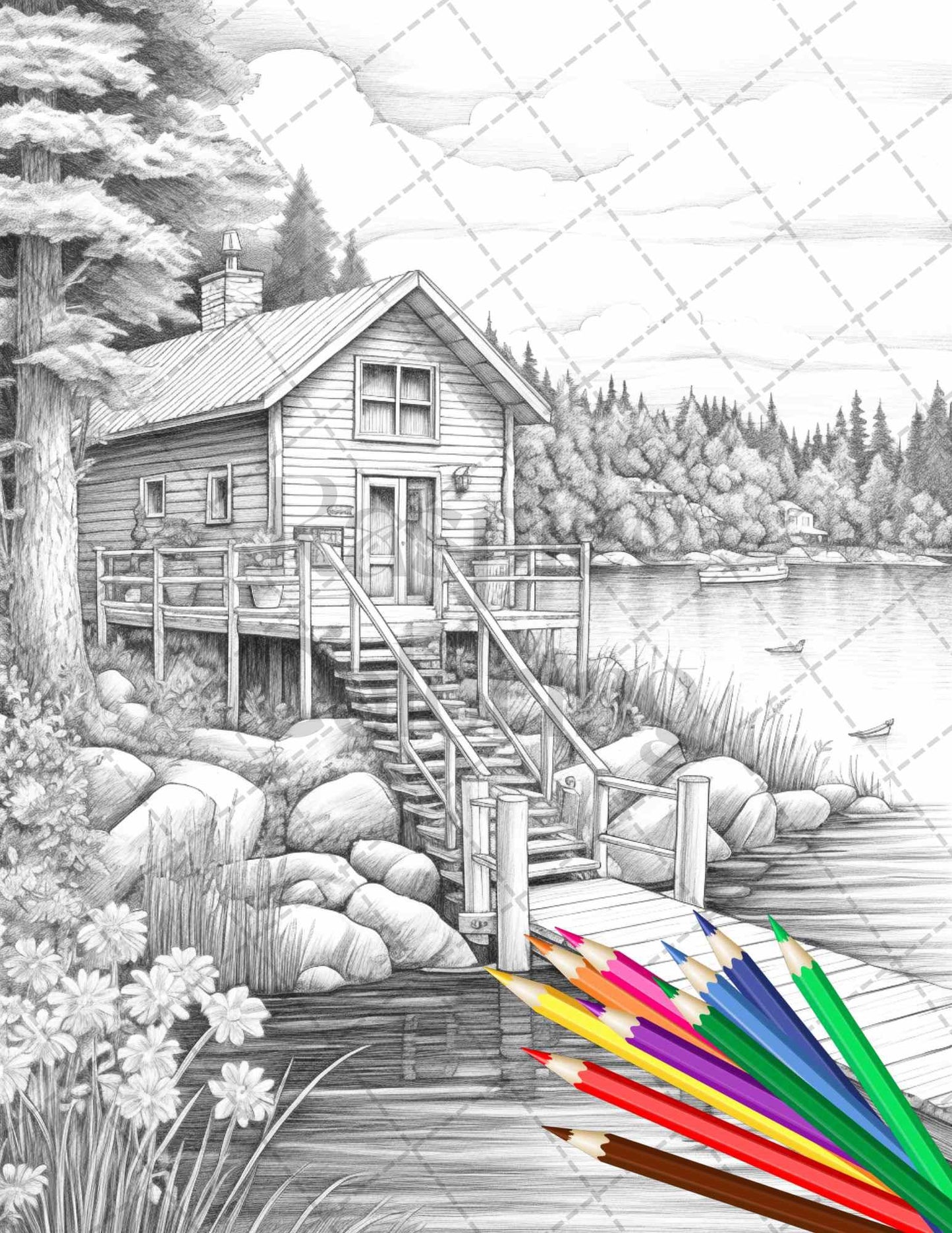 Lake Cabin Scenery Grayscale Coloring Pages Printable for Adults, PDF File Instant Download