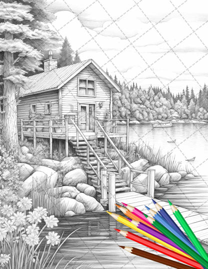 Lake Cabin Scenery Grayscale Coloring Pages Printable for Adults, PDF File Instant Download