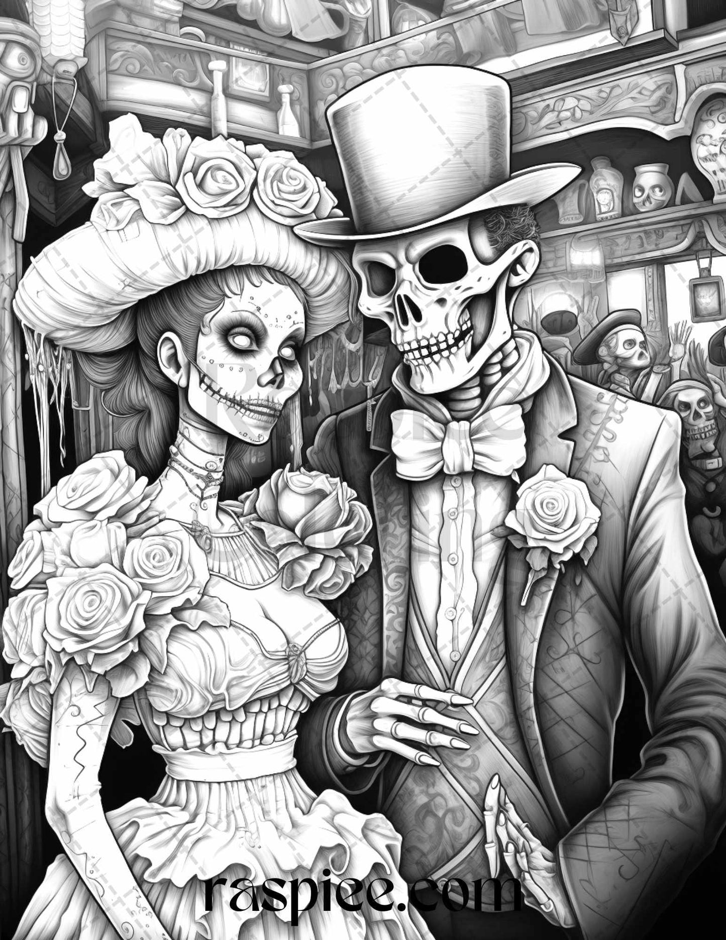 50 Day of the Dead Grayscale Coloring Pages Printable for Adults, PDF File Instant Download