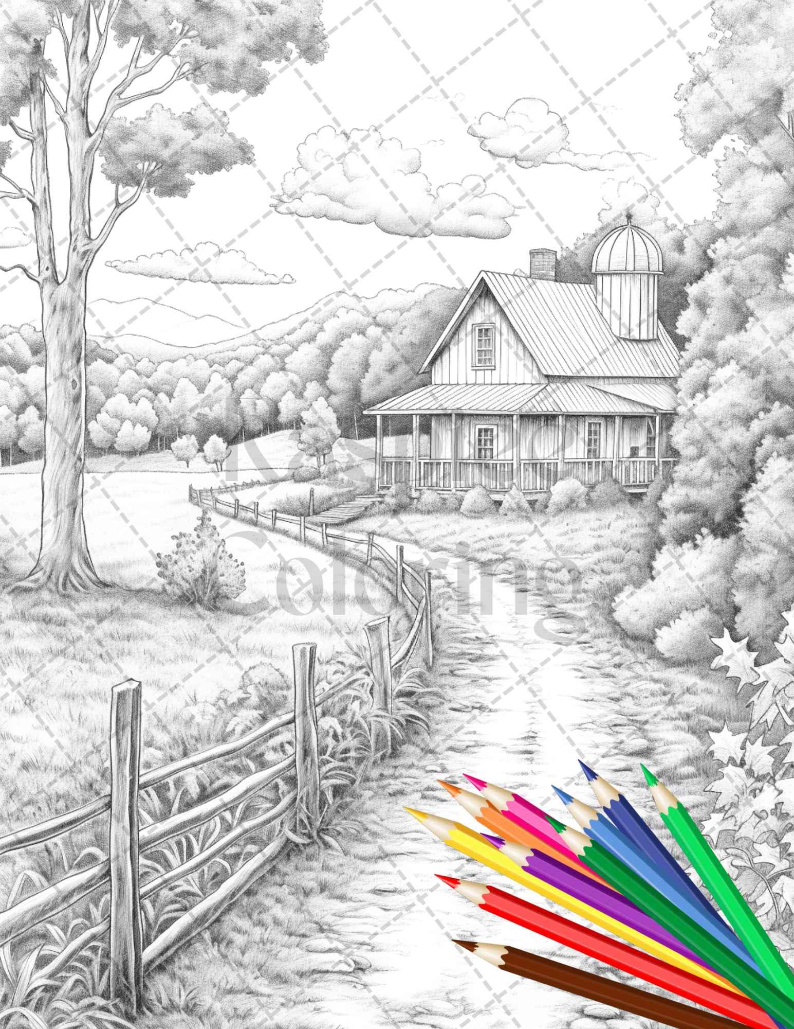 Charming Farmhouse Scenery Grayscale Coloring Pages Printable for Adults, PDF File Instant Download