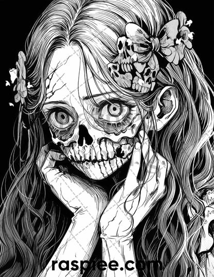 60 Horror Beauties Grayscale Coloring Pages Printable for Adults, PDF File Instant Download