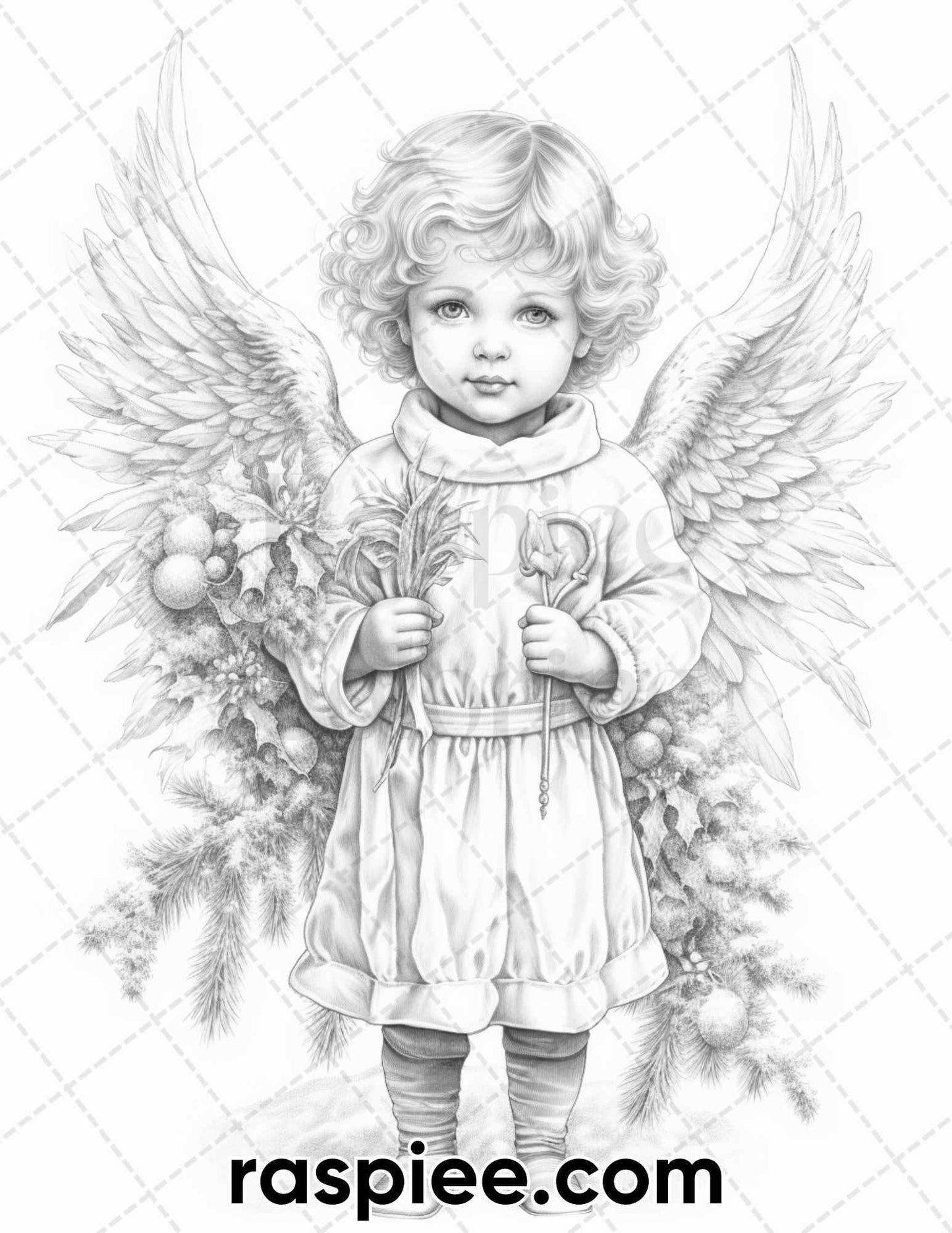 55 Christmas Angel Grayscale Coloring Pages for Adults, Printable PDF Instant Download