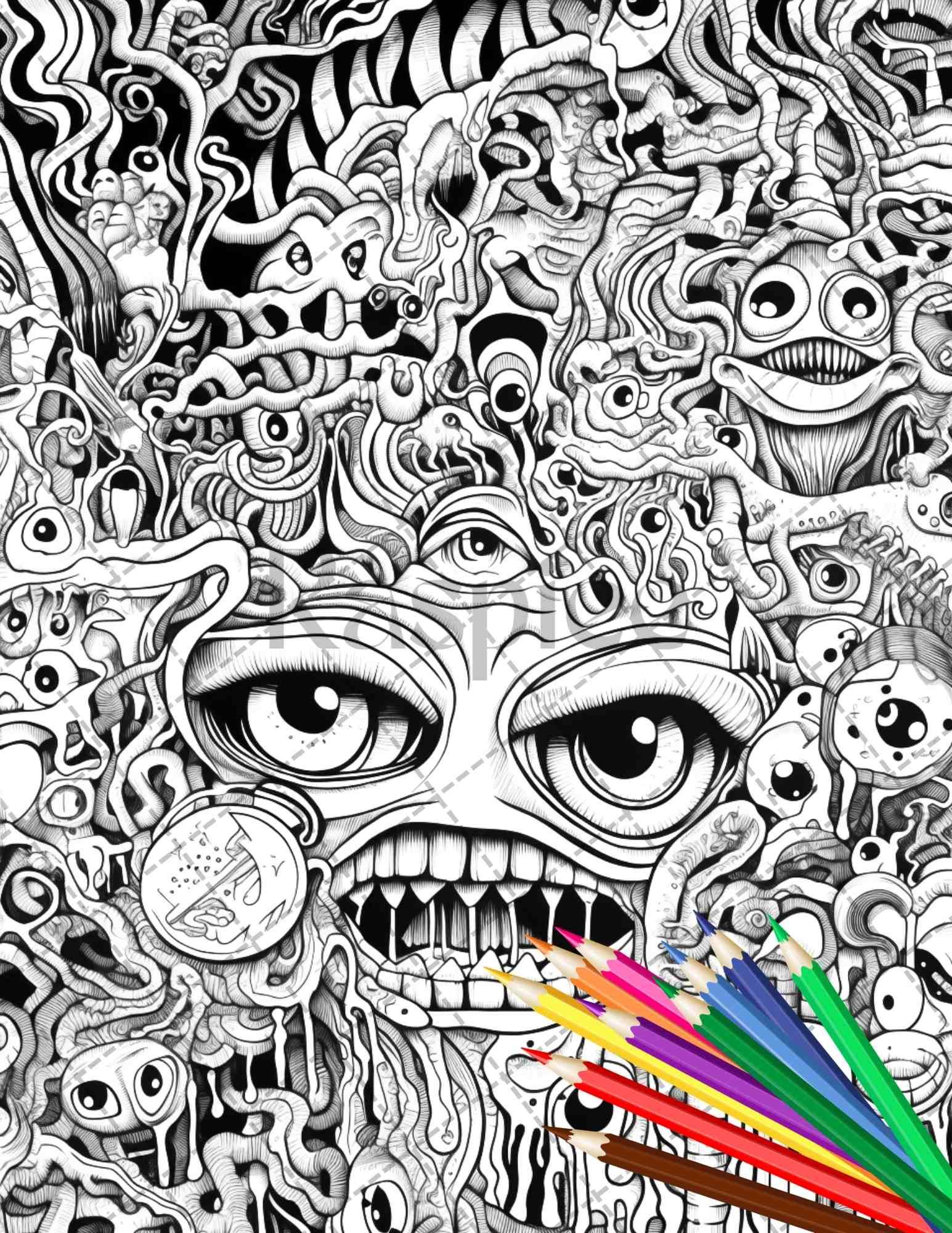 Psychedelic Trippy Coloring Book Printable for Adults, Grayscale Coloring Page, PDF File Instant Download