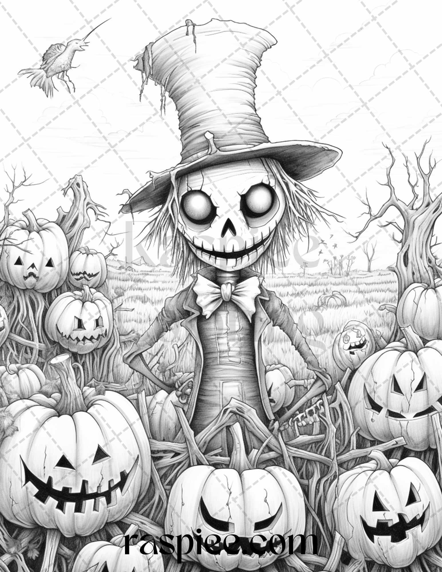 50 Halloween Scarecrows Grayscale Coloring Pages Printable for Adults, PDF File Instant Download