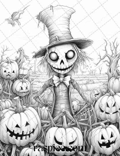 50 Halloween Scarecrows Grayscale Coloring Pages Printable for Adults, PDF File Instant Download