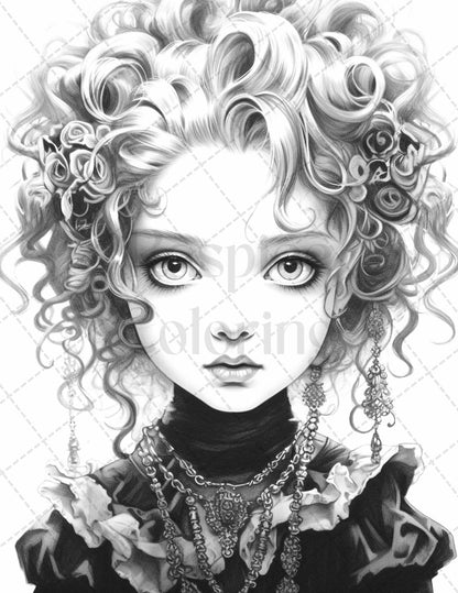 60 Adorable Gothic Girls Grayscale Coloring Pages Printable for Adults, PDF File Instant Download