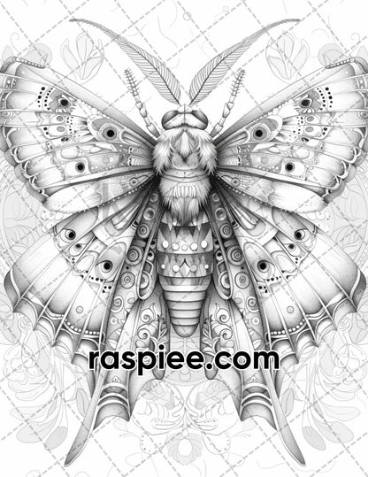 77 Butterflies and Moths Grayscale Adult Coloring Pages, Printable PDF Instant Download