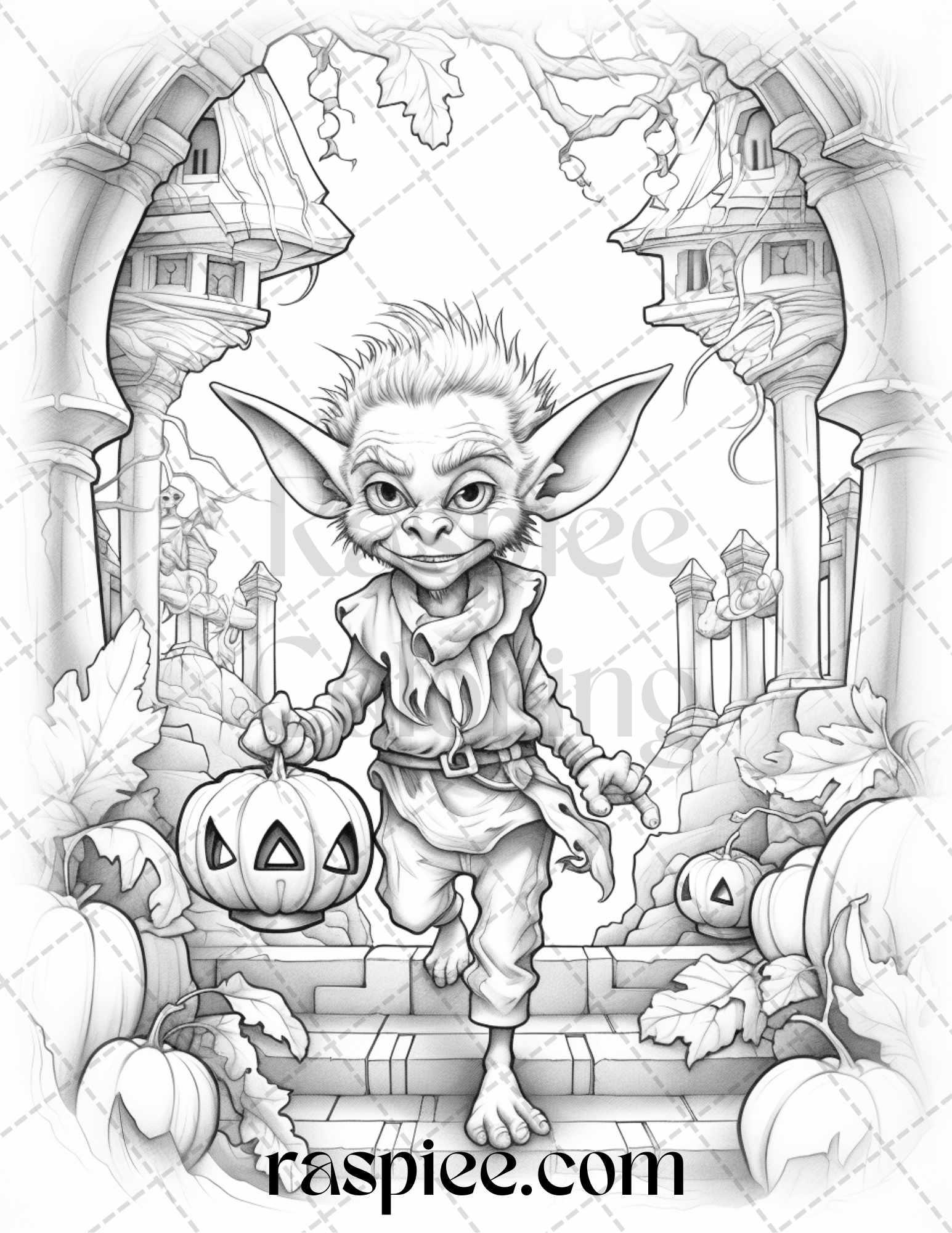 50 Halloween Goblin Grayscale Coloring Pages Printable for Adults, PDF File Instant Download