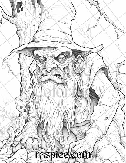 50 Horror Zombie Gnomes Grayscale Coloring Pages Printable for Adults, PDF File Instant Download