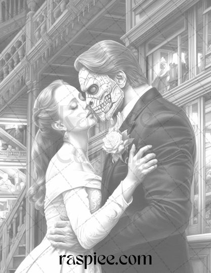 Phantom of the Opera Grayscale Coloring Pages Printable for Adults, PDF File Instant Download