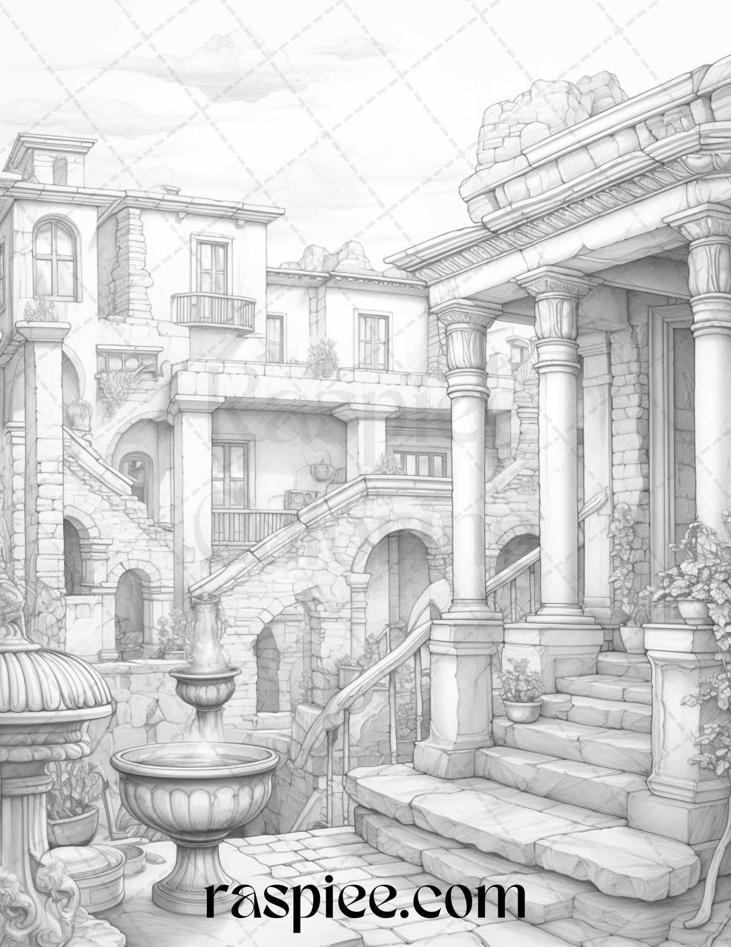 Roman Architecture Grayscale Coloring Pages Printable for Adults, PDF File Instant Download