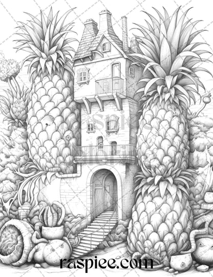 50 Pineapple Houses Grayscale Coloring Pages Printable for Adults, PDF File Instant Download