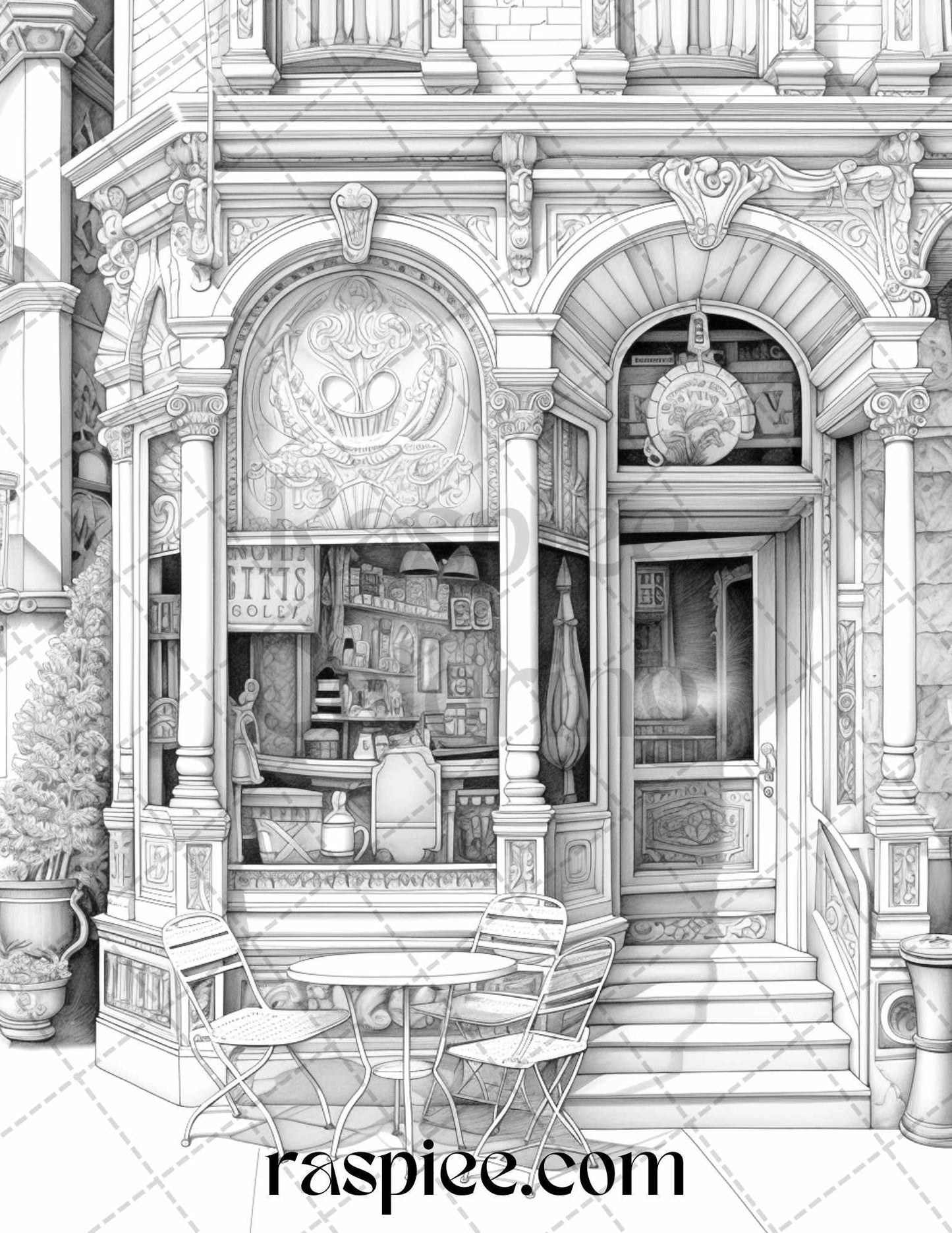 50 Cozy Coffee Shop Grayscale Coloring Pages Printable for Adults, PDF File Instant Download