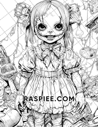 Haunted Dolls Halloween Horror Adult Coloring Pages Printable PDF Instant Download