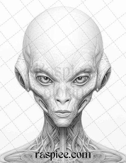 65 Alien Portrait Grayscale Coloring Pages for Adults, Printable PDF File Instant Download