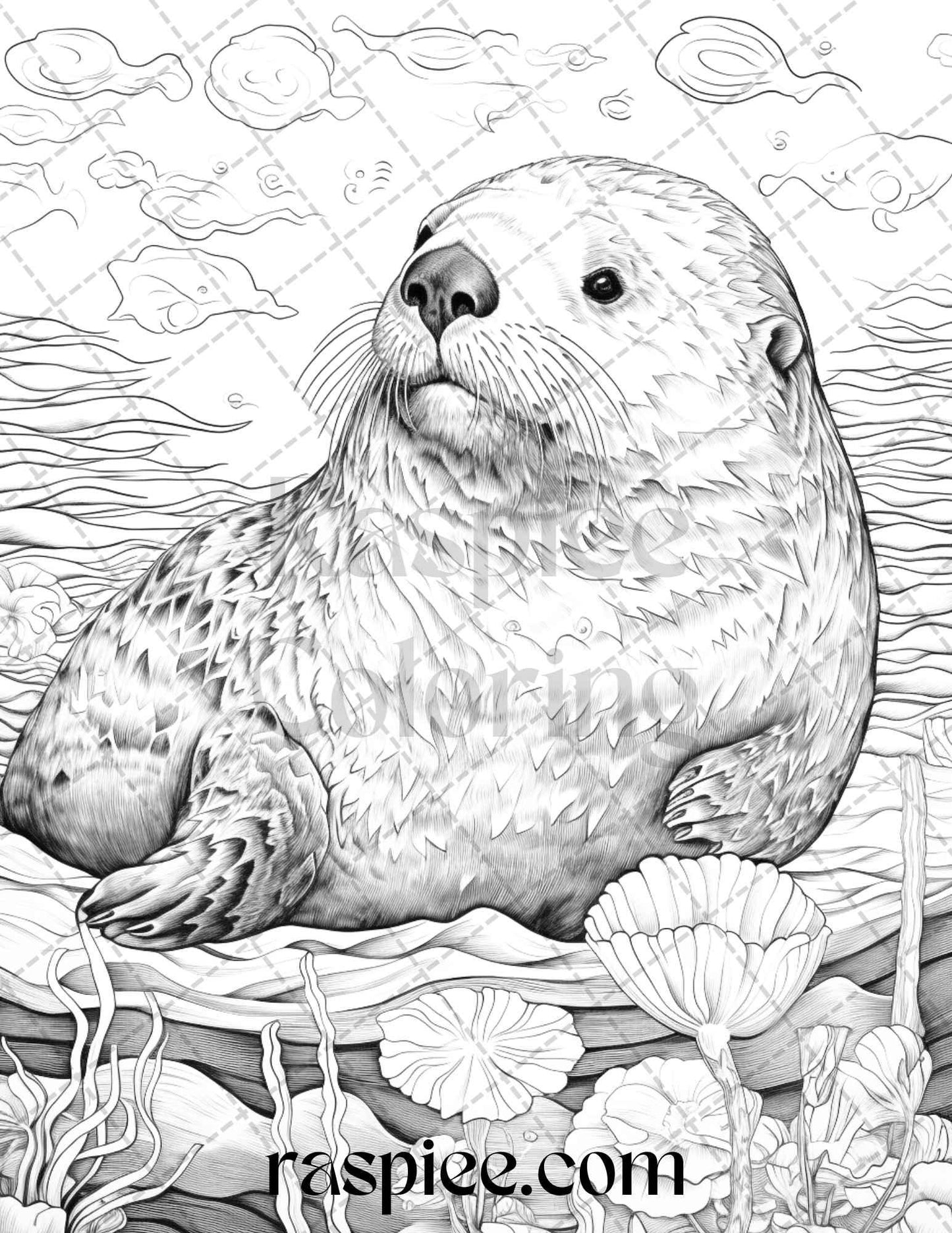 Ocean Life Grayscale Coloring Pages Printable for Adults Relaxation and Creativity, PDF File Instant Download