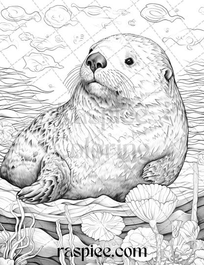 Ocean Life Grayscale Coloring Pages Printable for Adults Relaxation and Creativity, PDF File Instant Download
