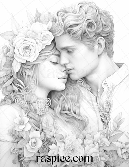 50 Romantic Couple Flowers Grayscale Coloring Pages Printable for Adults, PDF File Instant Download