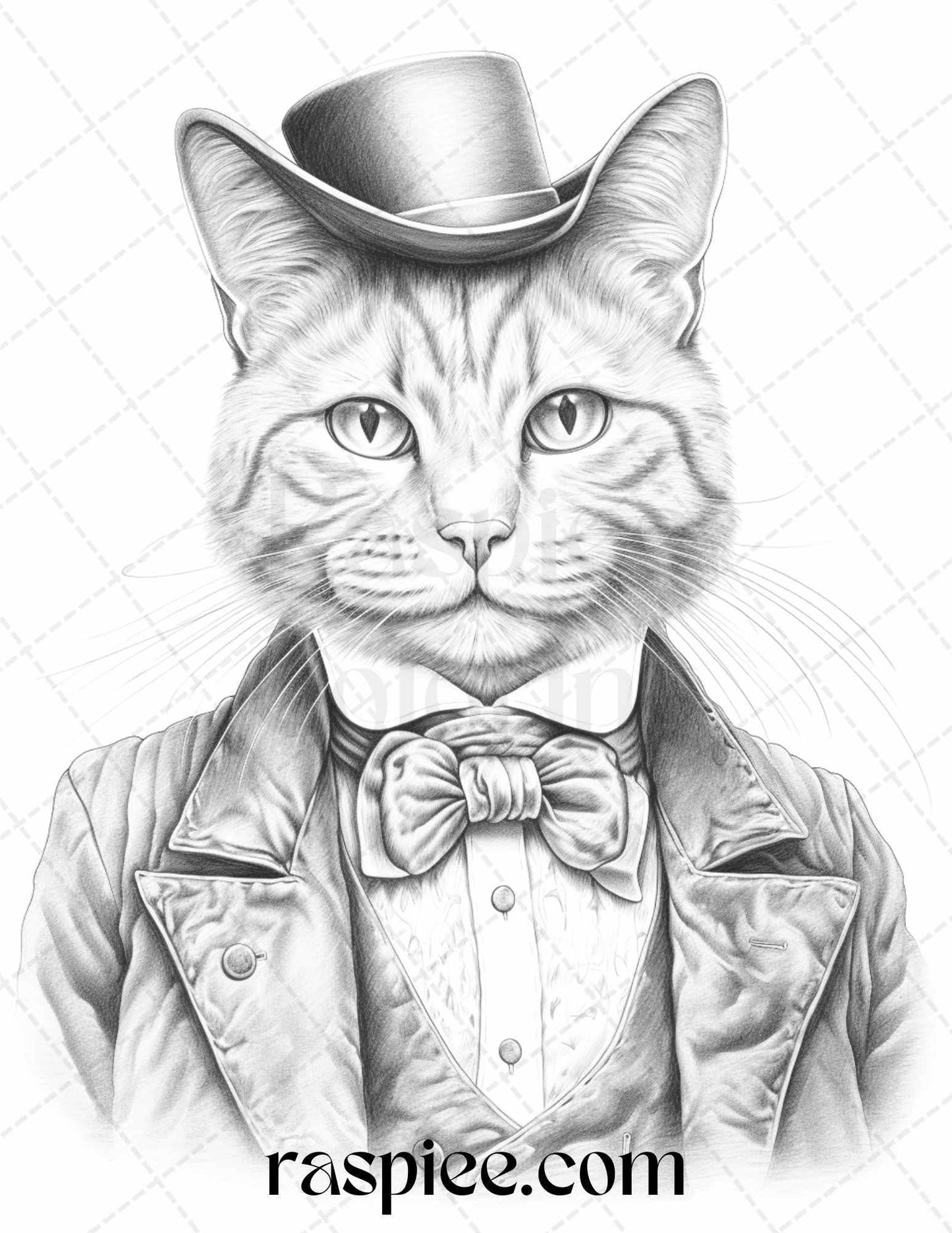 Gentleman Cat Grayscale Coloring Pages Printable for Adults Kids, PDF File Instant Download
