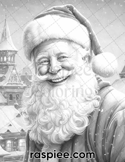63 Christmas Santa Claus Grayscale Coloring Pages for Adults, Printable PDF Instant Download
