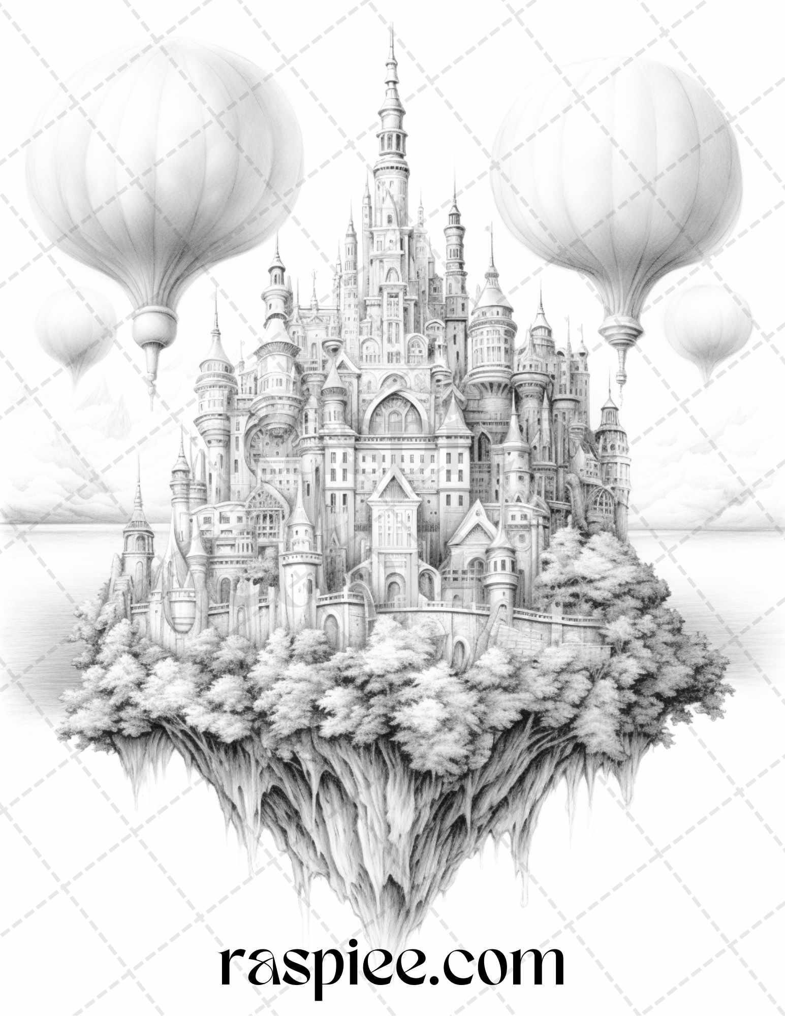 Floating Castle in the Sky Grayscale Coloring Pages for Adults, Printable PDF File Instant Download