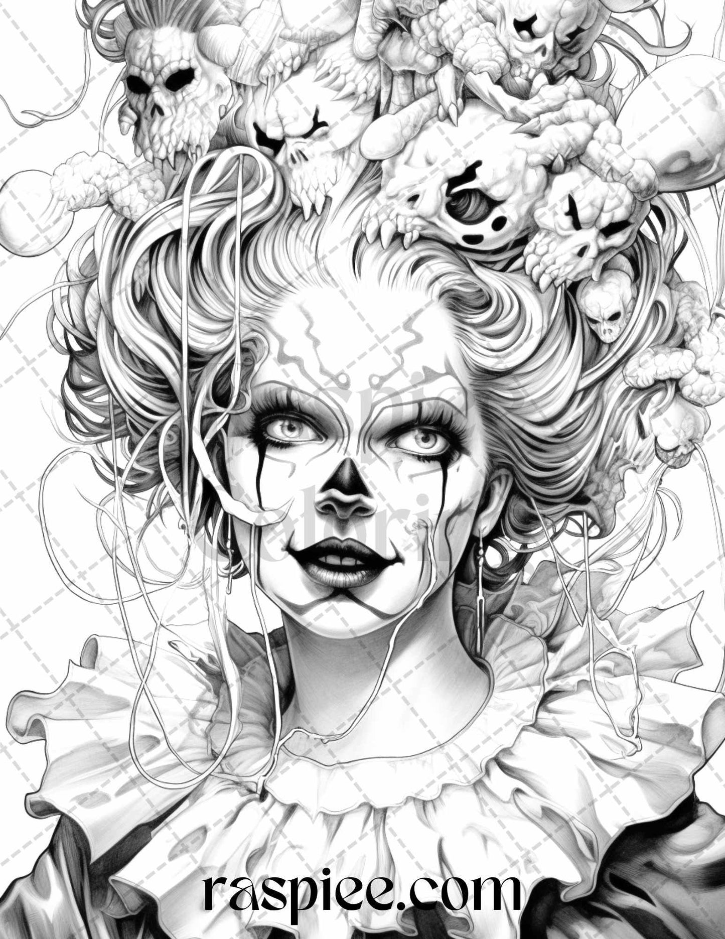50 Scary Clown Girls Grayscale Coloring Pages Printable for Adults, PDF File Instant Download