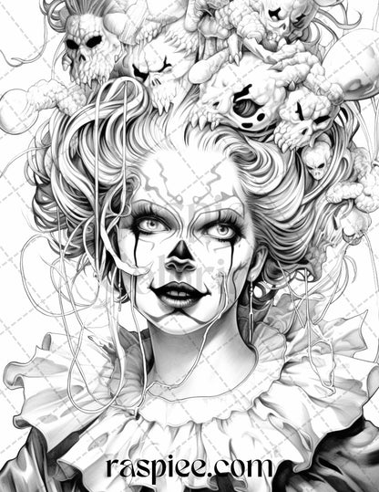 50 Scary Clown Girls Grayscale Coloring Pages Printable for Adults, PDF File Instant Download