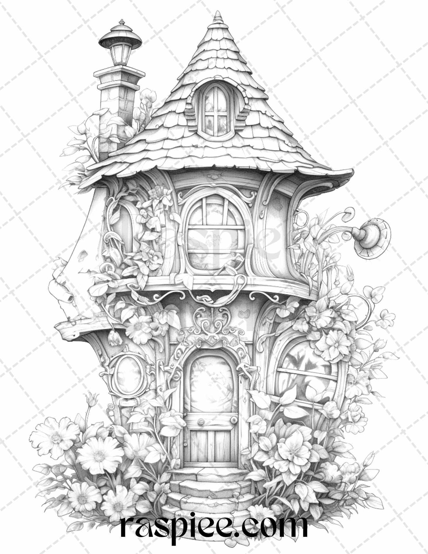 50 Lantern Fairy Houses Grayscale Coloring Pages Printable for Adults, PDF File Instant Download