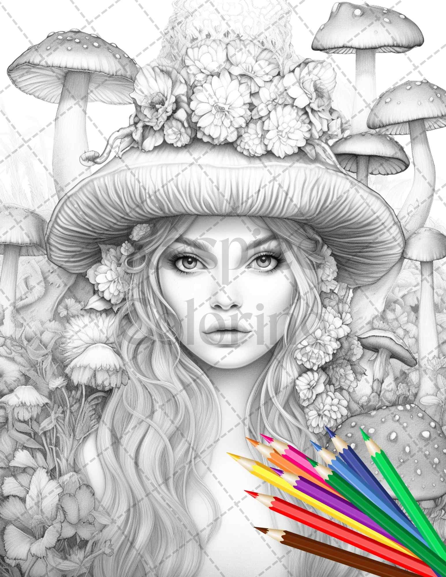 50 Mushroom Fairy Grayscale Coloring Pages Printable for Adults, PDF File Instant Download