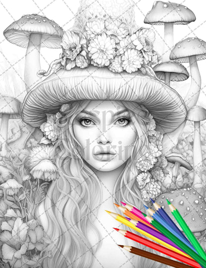 50 Mushroom Fairy Grayscale Coloring Pages Printable for Adults, PDF File Instant Download