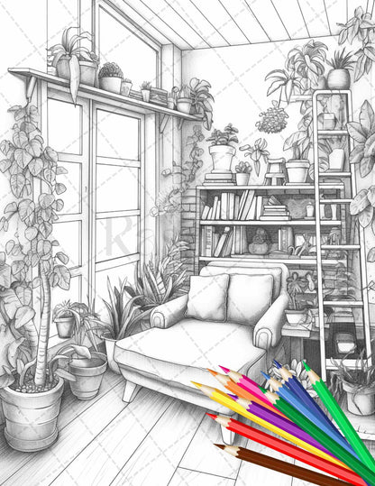 38 Indoor Houseplants Coloring Pages Printable for Adults, Grayscale Coloring Page, PDF File Instant Download
