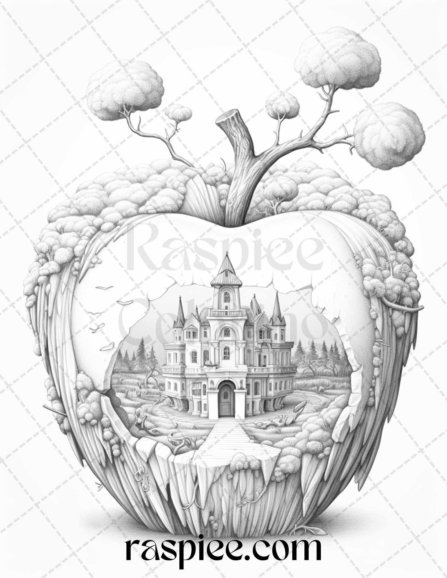 60 Miniworld in the Apple Grayscale Coloring Pages Printable for Adults, PDF File Instant Download