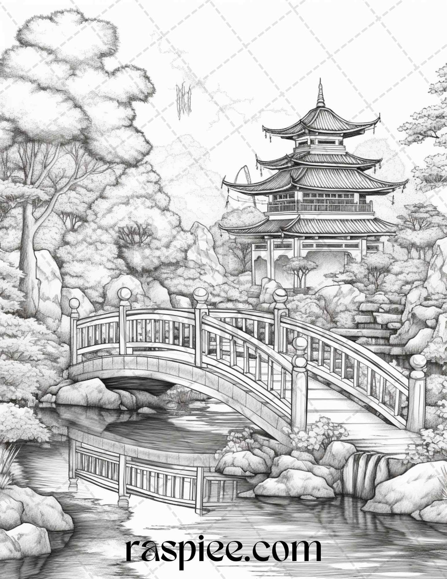 Japanese Garden Grayscale Coloring Pages Printable for Adults, PDF File Instant Download