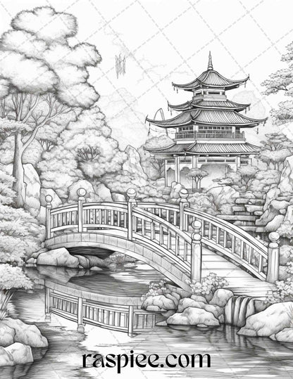Japanese Garden Grayscale Coloring Pages Printable for Adults, PDF File Instant Download