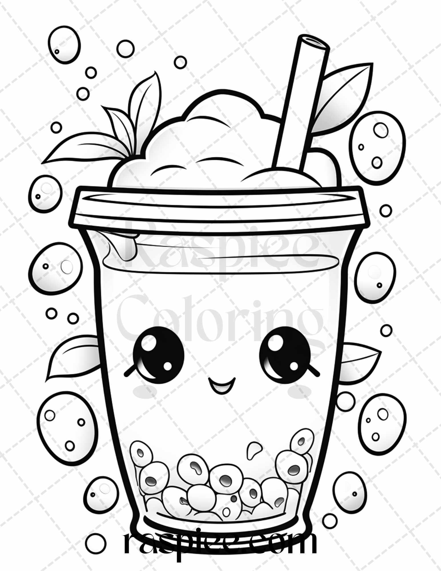 50 Cute Kawaii Boba Tea Grayscale Coloring Pages for Adults and Kids, Printable PDF File Instant Download
