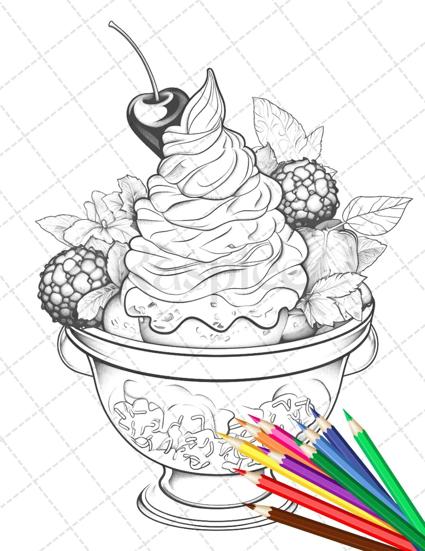 52 Printable Ice Cream Desserts Coloring Pages for Adults and Kids, Grayscale Coloring Page, PDF File Instant Download