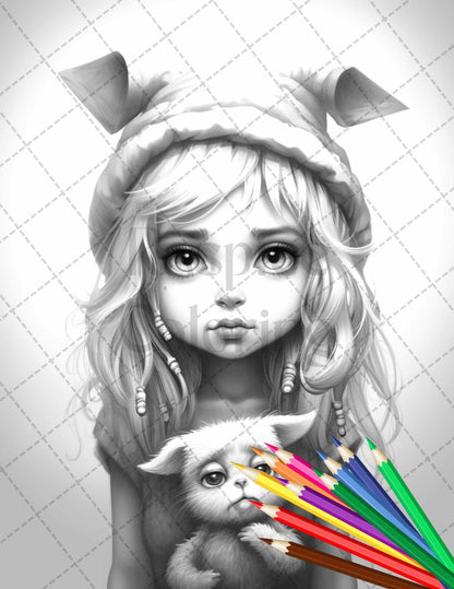 41 Adorable Gnome Girls Grayscale Coloring Pages Printable for Adults and Kids, PDF File Instant Download