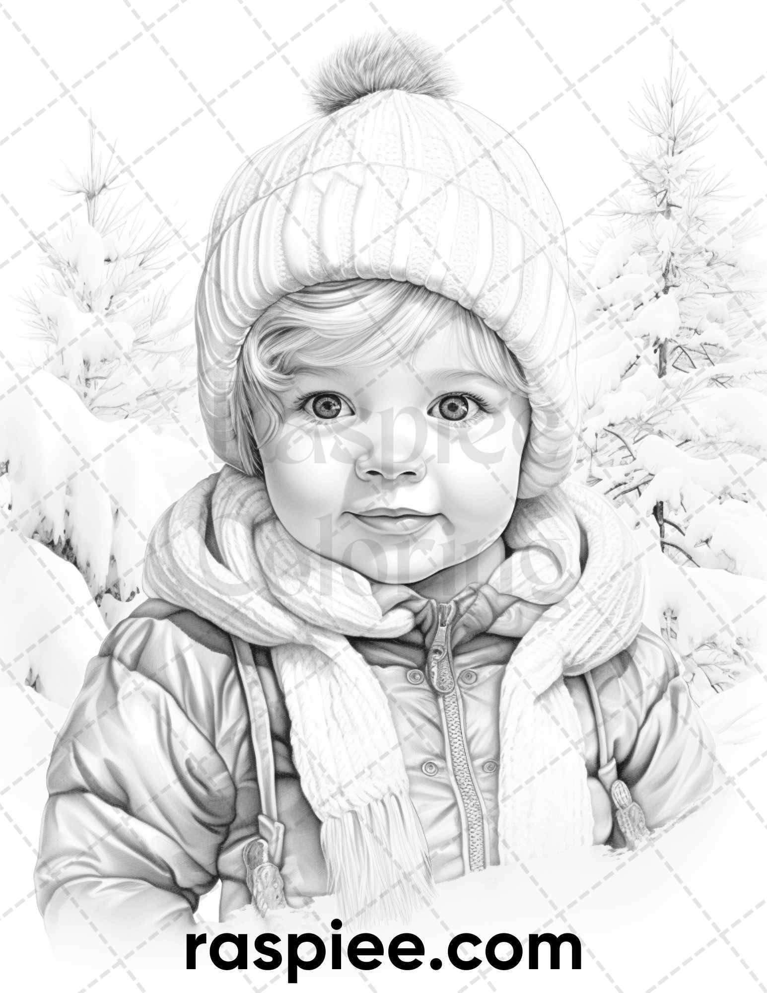 50 Baby Winter Portrait Grayscale Coloring Pages Printable for Adults, PDF File Instant Download