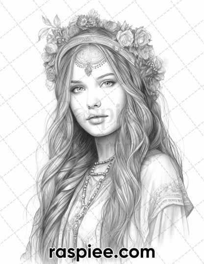 60 Bohemian Beauties Grayscale Coloring Pages for Adults, Printable PDF Instant Download
