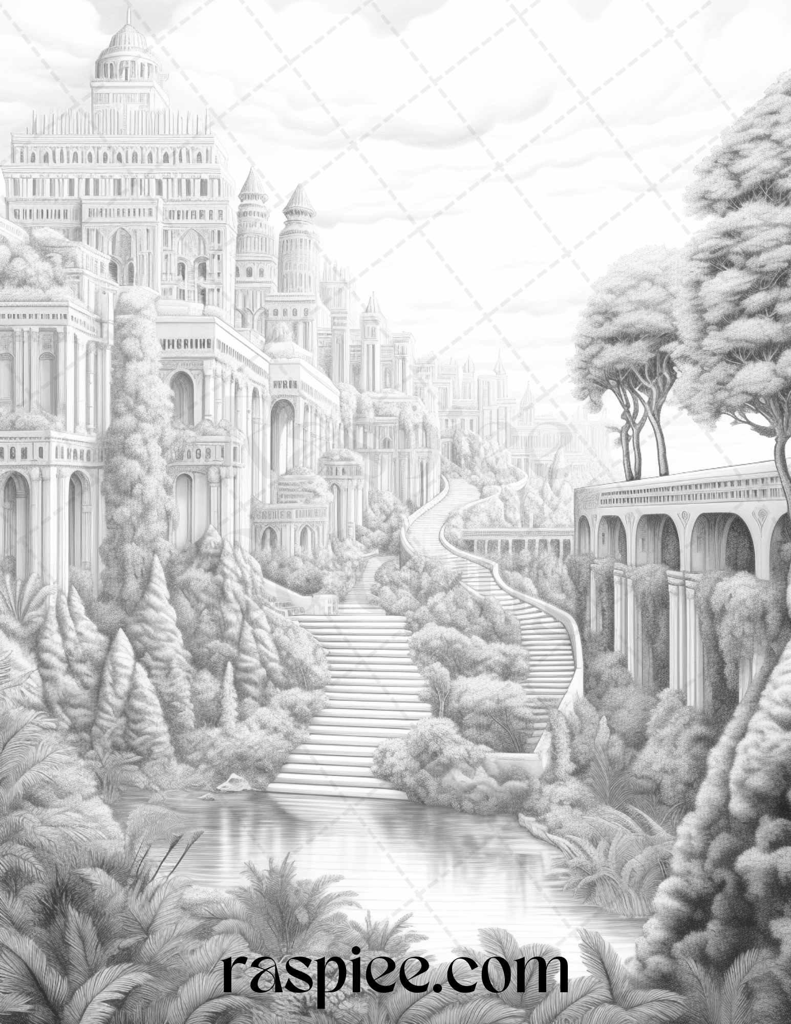 Hanging Gardens of Babylon Grayscale Coloring Pages Printable, PDF File Instant Download