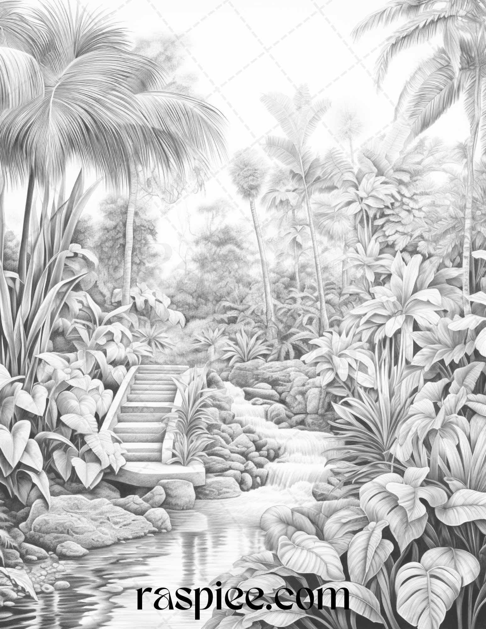 52 Tropical Oasis Grayscale Coloring Pages Printable for Adults, PDF File Instant Download