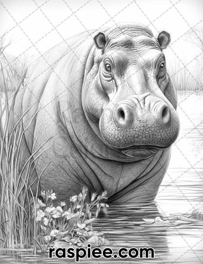 55 Wild Animals Grayscale Coloring Pages for Adults, Printable PDF Instant Download