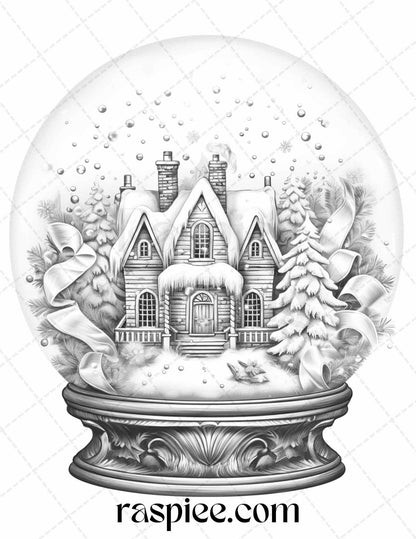 Cozy Cabin in Snow Globe Grayscale Coloring Pages Printable for Adults, PDF File Instant Download