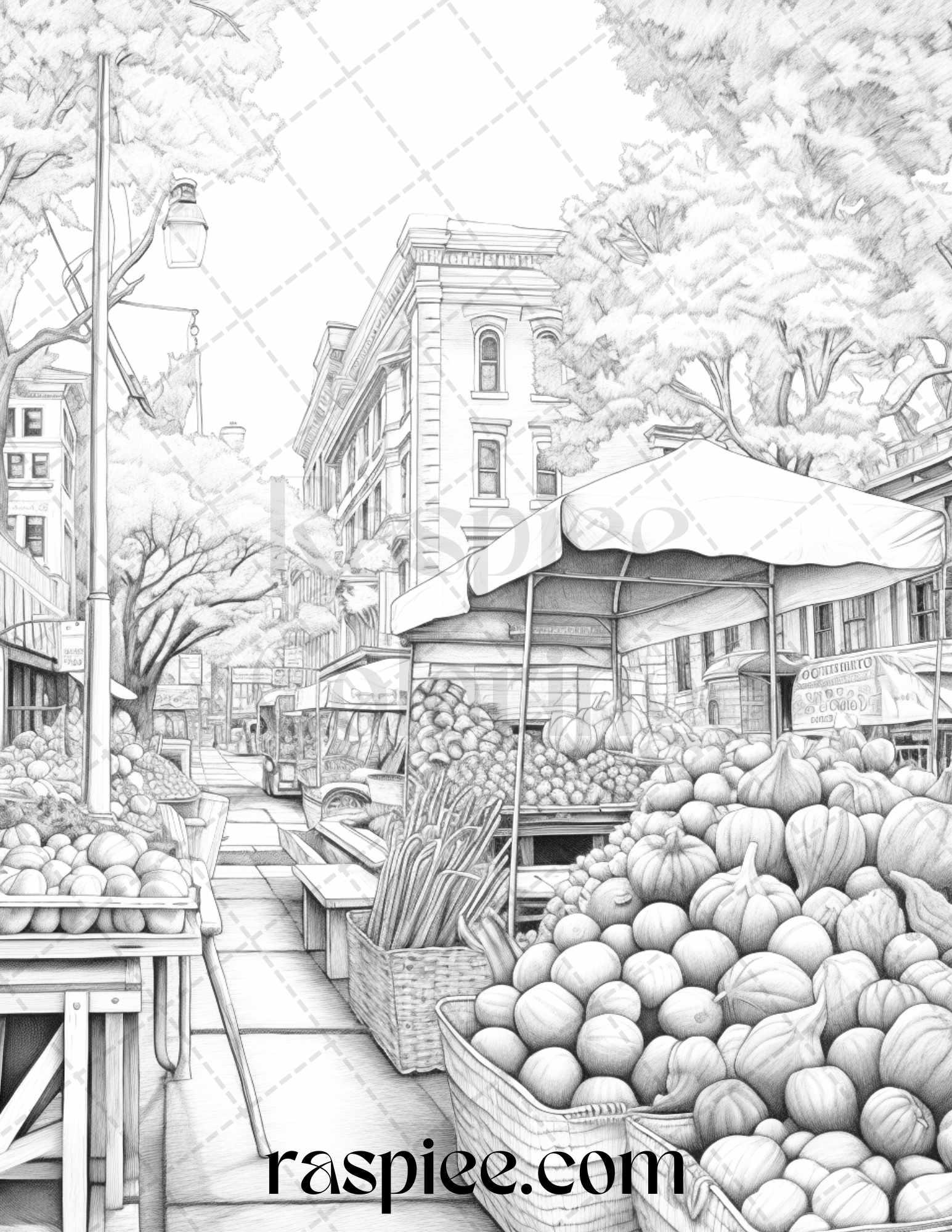 Autumn Street Markets Grayscale Coloring Pages for Adults, Printable PDF File Instant Download