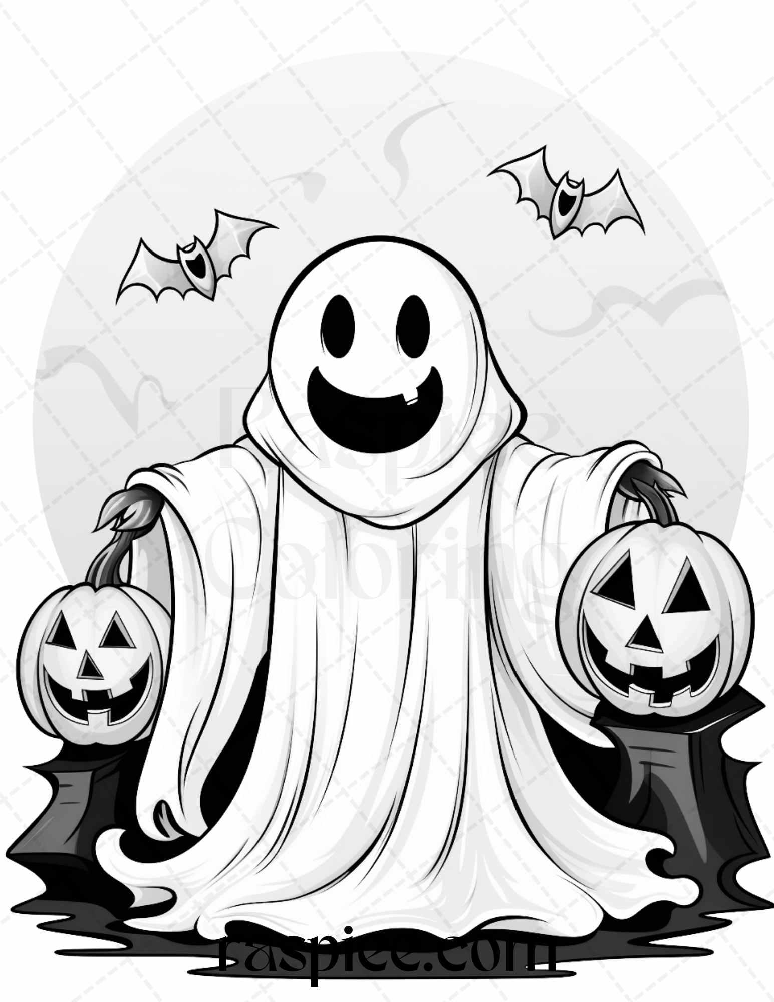 50 Halloween Cute Ghosts Grayscale Coloring Printable for Adults Kids, PDF File Instant Download