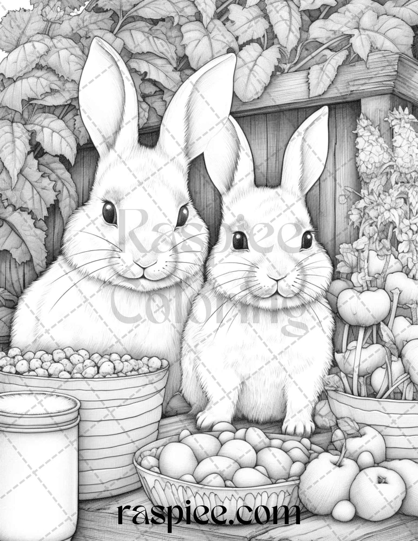 50 Rabbit Garden Grayscale Coloring Pages Printable for Adults, PDF File Instant Download
