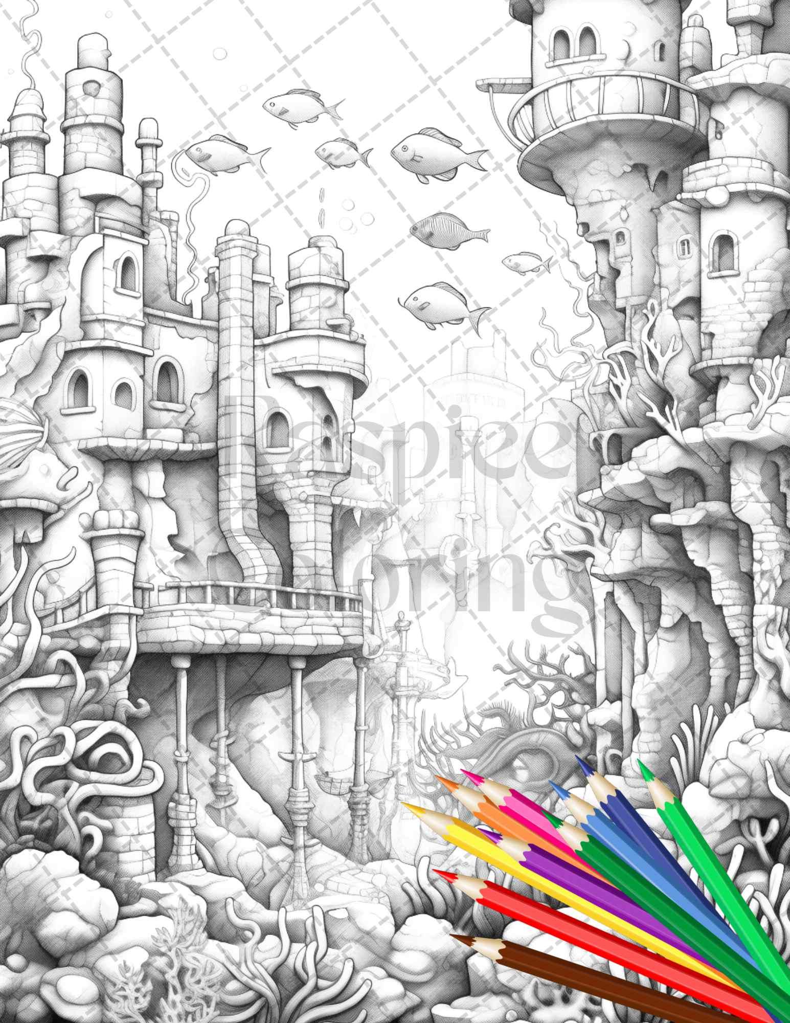 Enchanted Underwater City Grayscale Coloring Pages Printable for Adults, PDF File Instant Download