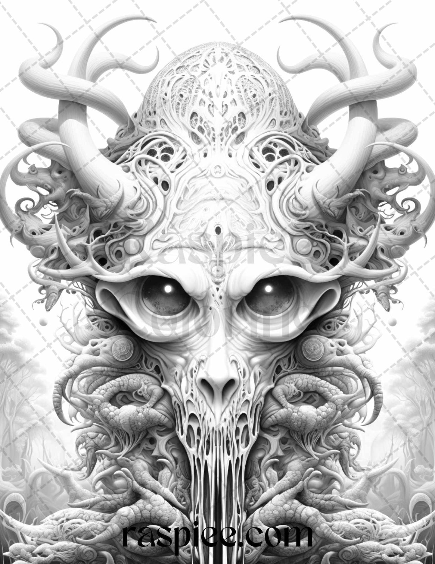 53 Surreal Creatures Grayscale Coloring Pages for Adults, Printable PDF File Instant Download