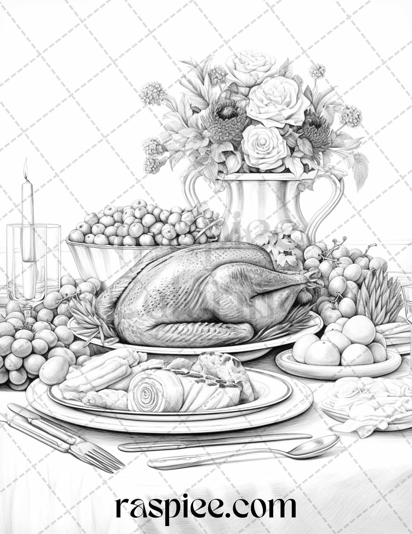 Thanksgiving Dinner Grayscale Coloring Pages for Adults, Relaxing Fall Coloring Sheets, Printable PDF File Instant Download