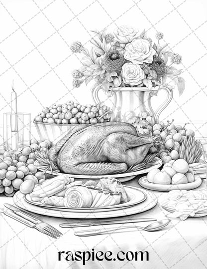 Thanksgiving Dinner Grayscale Coloring Pages for Adults, Relaxing Fall Coloring Sheets, Printable PDF File Instant Download